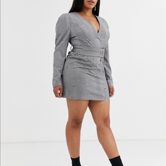 Belted Puff Sleeve Checker Dress - Picture 4 of 7